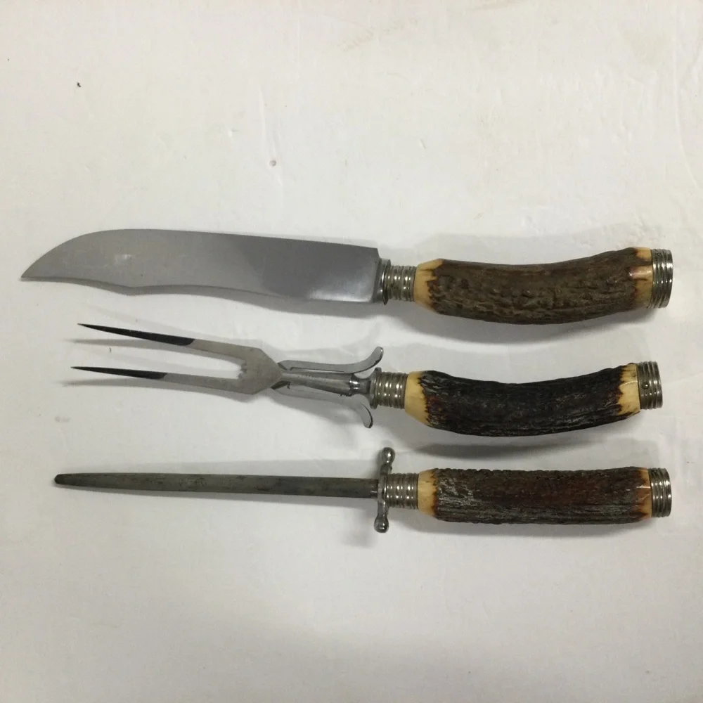 Solingen Antler Handle Carving Set - Knife, Fork & Steel Vintage Germany